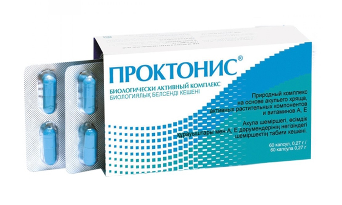Проктонис БАД в составе которого имеется порошок акульего хряща, растительное сырьё: тысячелистник, кинза, солодка, сенна